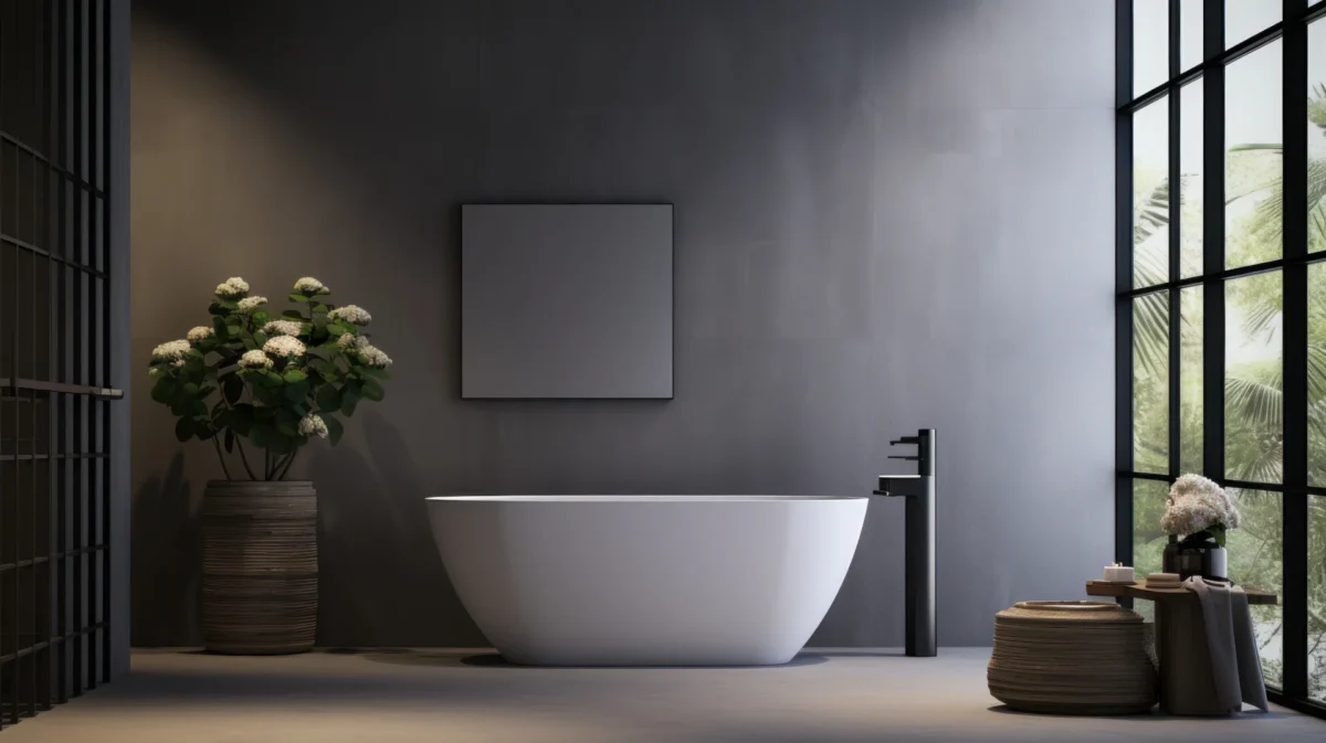 Modern bathroom with new bathtub and towel warmer