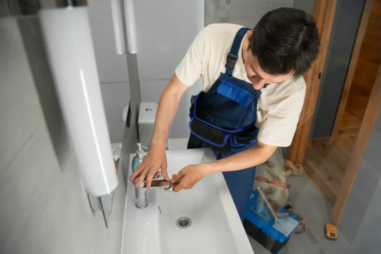 Professional plumber installing bathroom fixtures