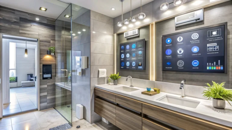 Modern bathroom with smart lighting and clean design