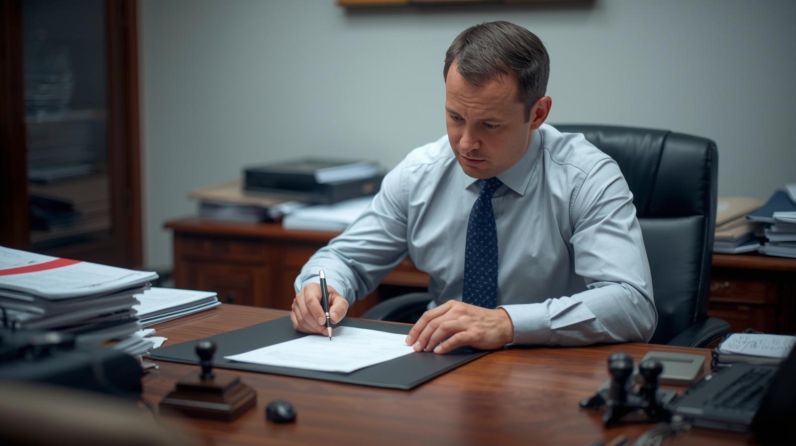 Contractor submitting documents at a municipal office or reviewing permit paperwork on a desk