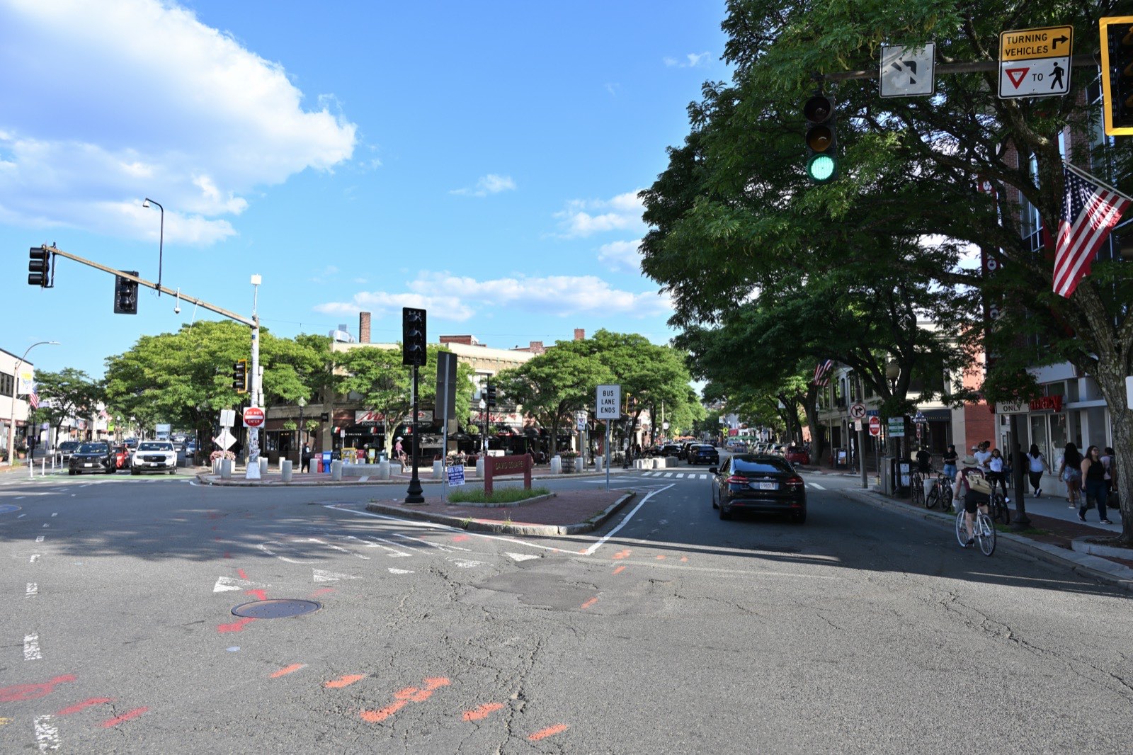 The Davis Square intersection in Somerville on a summer afternoon