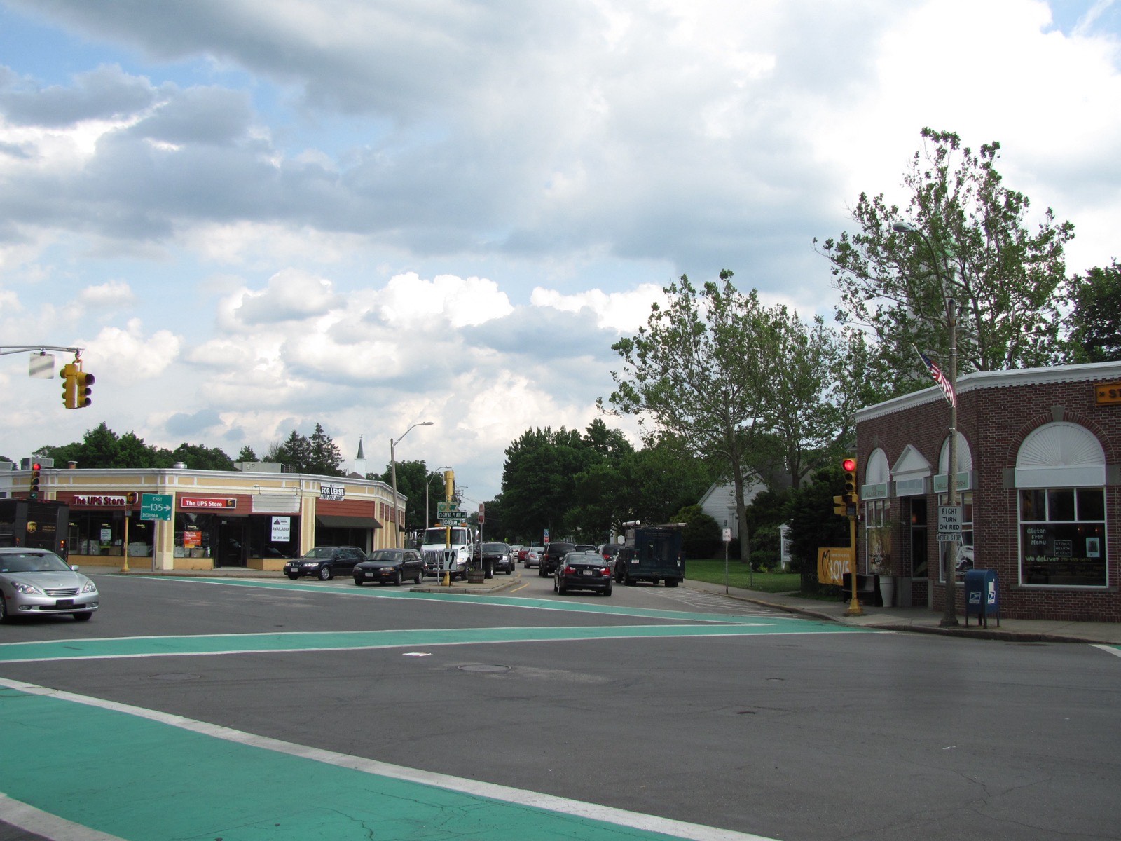 The corner of Highland, Great Plain and Dedham Avenues in Needham Heights