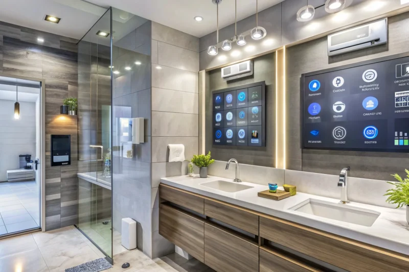 Modern bathroom with smart lighting and clean design